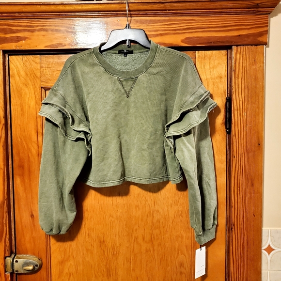 7 For All Mankind Tops - NWT 7 For All Mankind Ruffle Shoulder Crop Top Sweatshirt in Olive Green. M